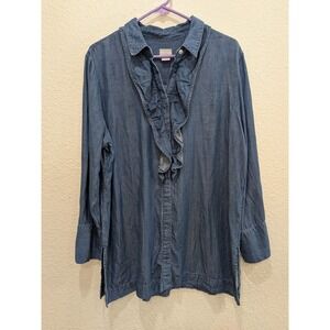 Chicos Chambray Long Sleeve Ruffle Front Blouse Top Size 3 XL 16/18 Boho Soft